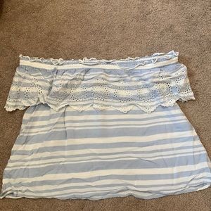 Blue and white striped off the shoulder shirt
